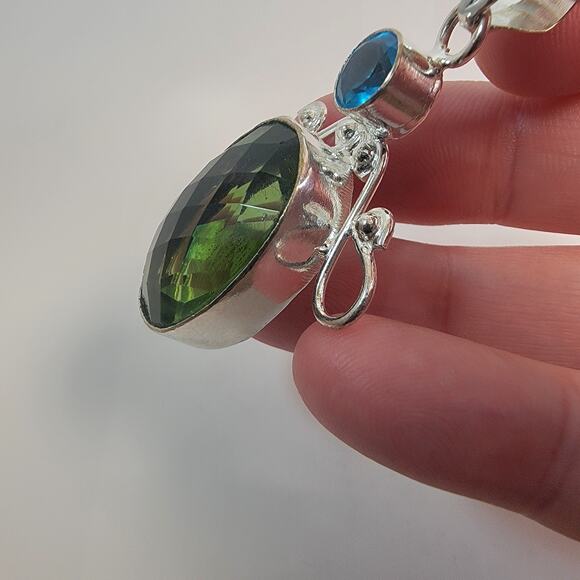 Handmade Sterling Silver Pendant Necklace Showcasing Green Quartz and Blue Topaz - Picture 6 of 10